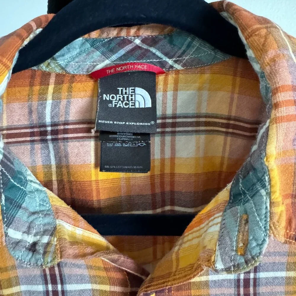 The North Face Men's Short Sleeve Plaid Button Up Shirt Brown Yellow Size Medium